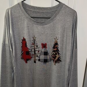 Festive Gray Long Sleeve Top with Christmas Tree Design